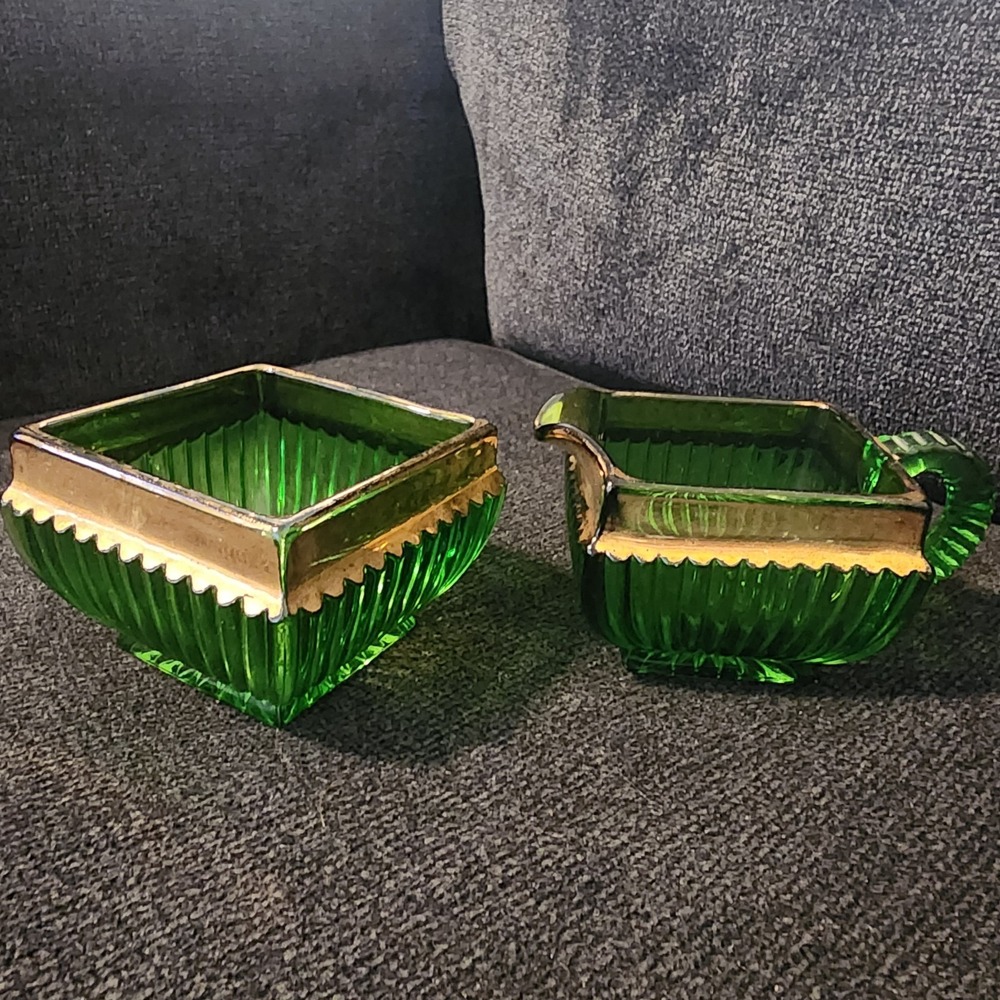EAPG New York Emerald‎ Green Creamer And Sugar Dish
